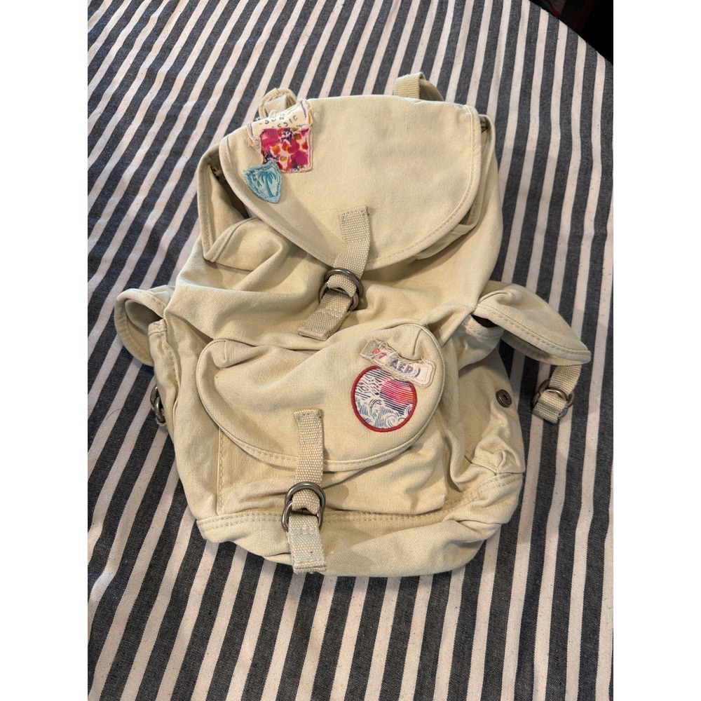 Aeropostale Cream Canvas Rucksack Backpack Surf Patches Boho Y2K 100% Cotton